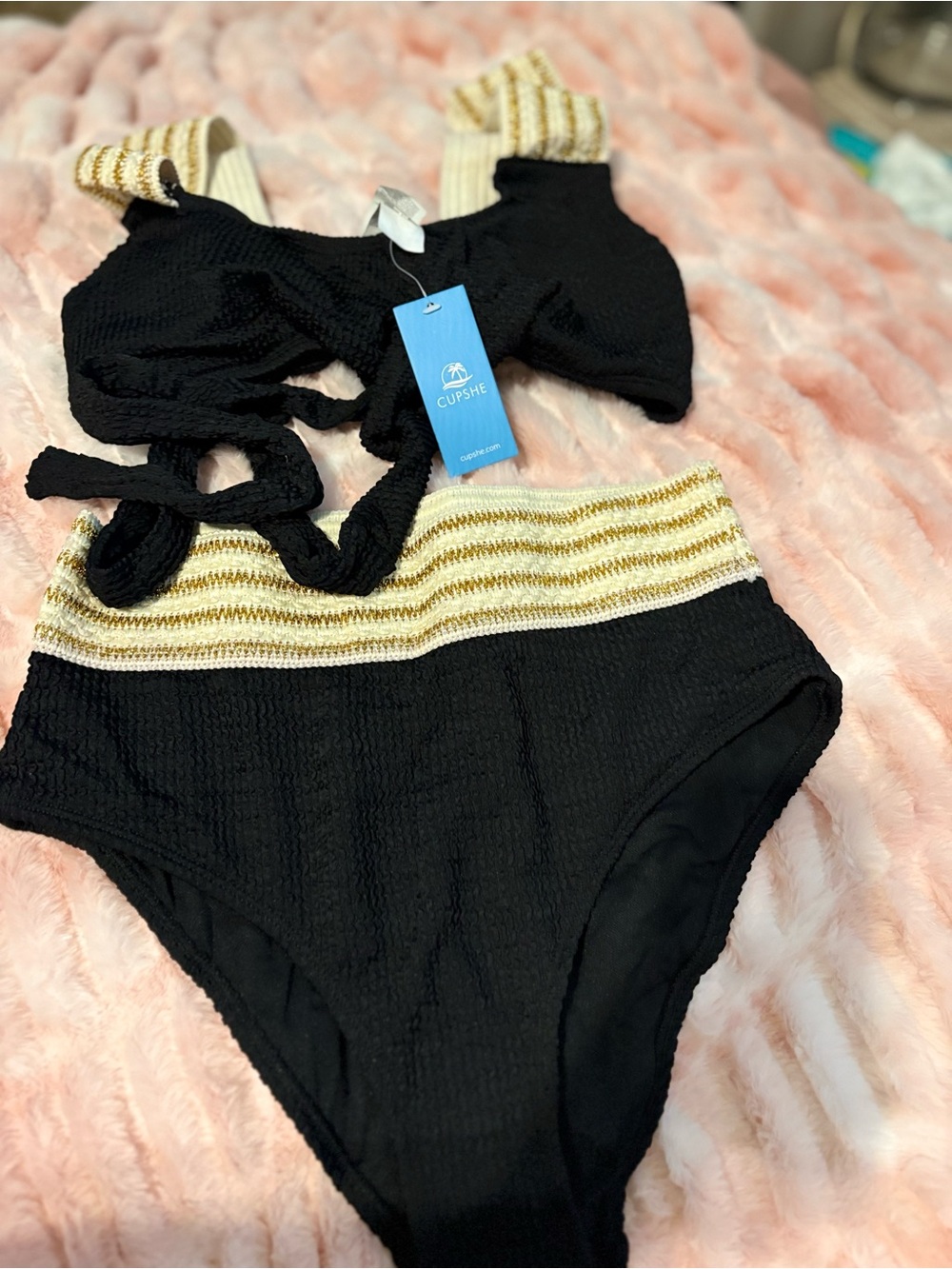 Cupshe Black High-Waist Bikini with Gold-Striped Waistband